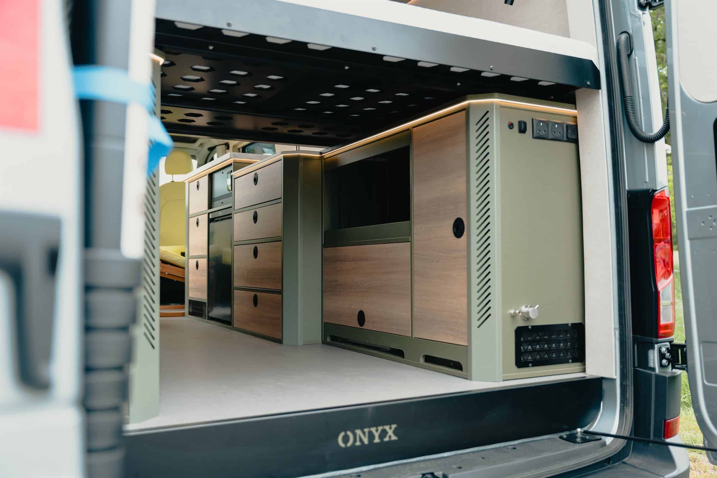 The through-garage of an Onyx campervan, seen from the rear doors