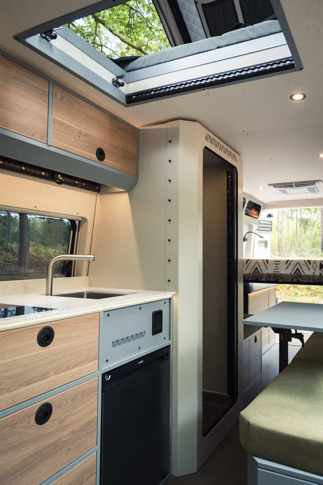 Inside the Onyx Arête with the pop-top and the skylight open