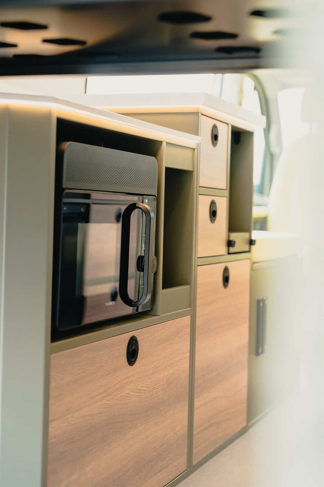 Kitchen detail in the Onyx Mesa - the three-in-one microwave, oven and grill, available as an option