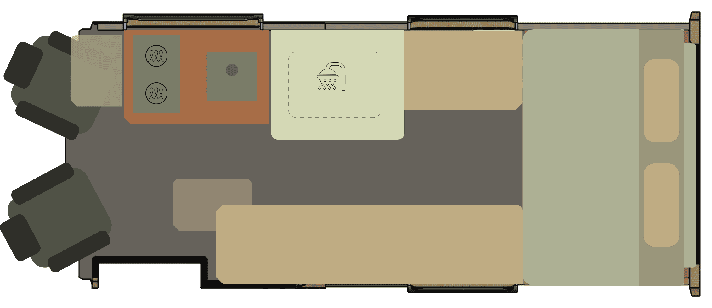 Onyx Arête floor plan — day layout, driver's-side kitchen, open living space and permanent shower room