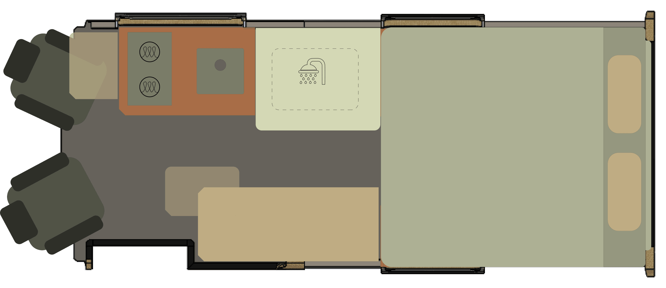 Onyx Arête floor plan — night layout, the king-sized lengthways bed made up