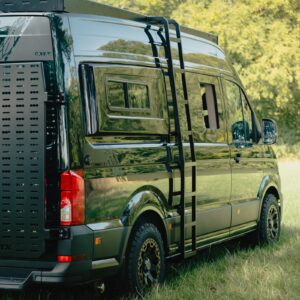 The Onyx side ladder fitted up the rear quarter of a van, alongside the rear door carriers