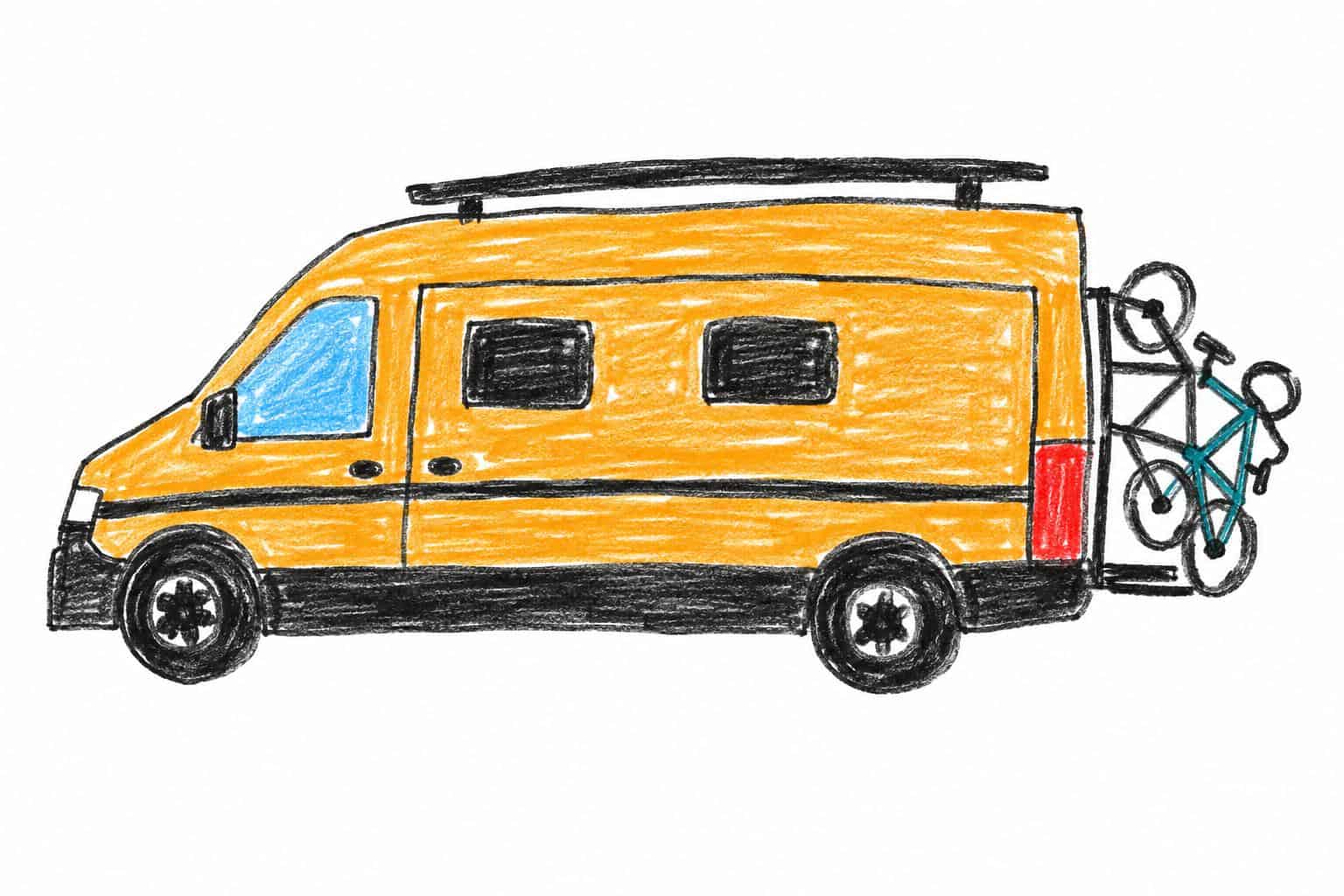 A child's crayon drawing of the amber Onyx van, with bikes on a rack at the back