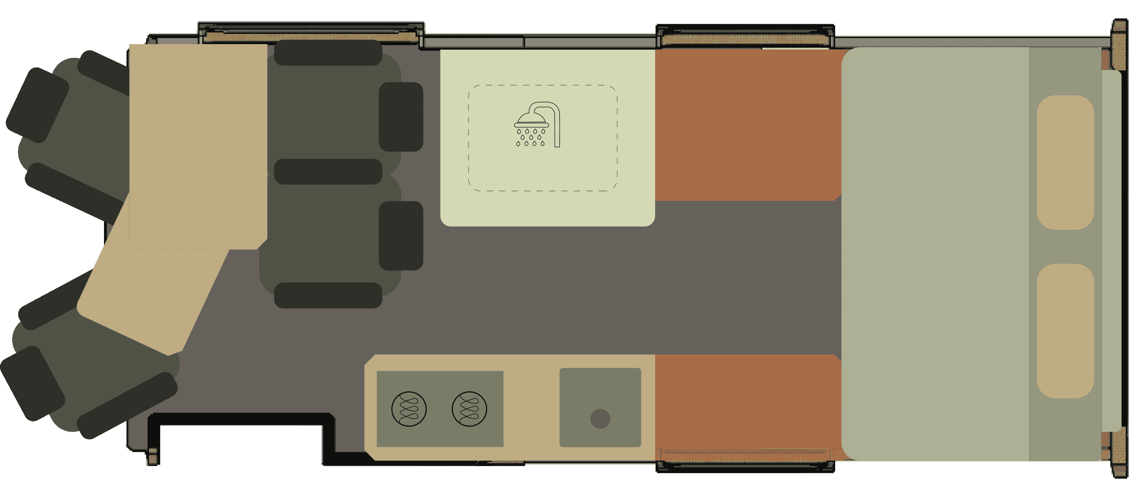 Onyx Mesa floor plan — kitchen, seating, permanent shower room and garage