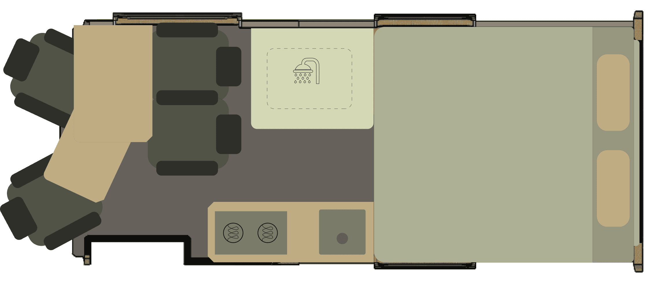 Onyx Mesa floor plan — king-sized sliding bed made up, sleeps two