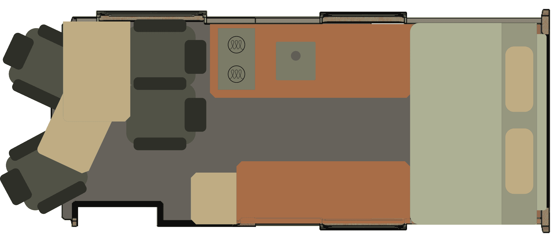 Onyx Outpost floor plan — day layout, sliding bed forward, living area open, four belted seats