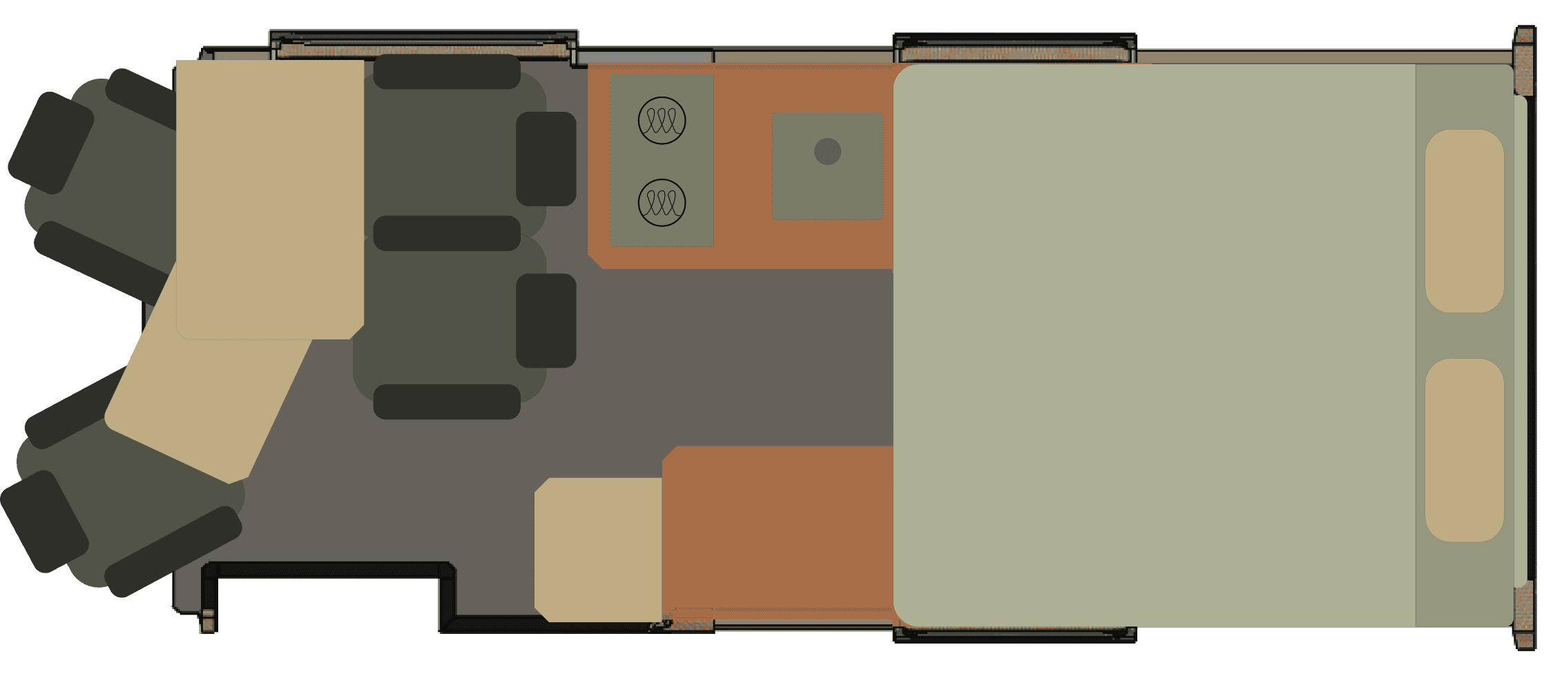 Onyx Outpost floor plan — night layout, sliding bed back and the lower berths made up