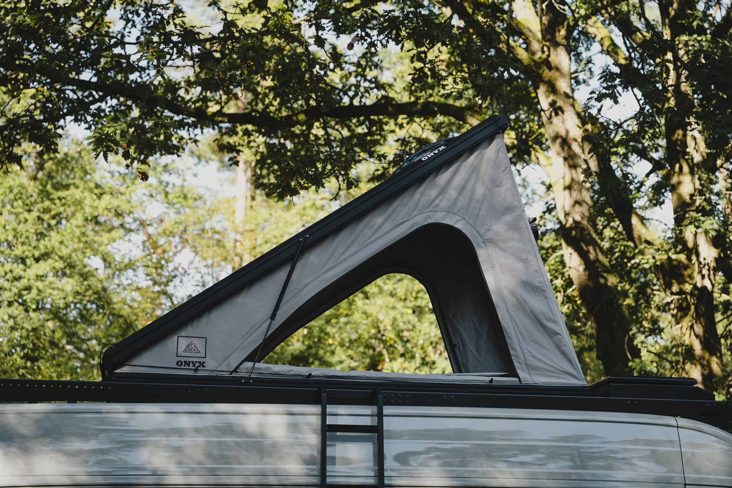 Side view of the Onyx pop-top raised on its roof rack under trees, with the side ladder below