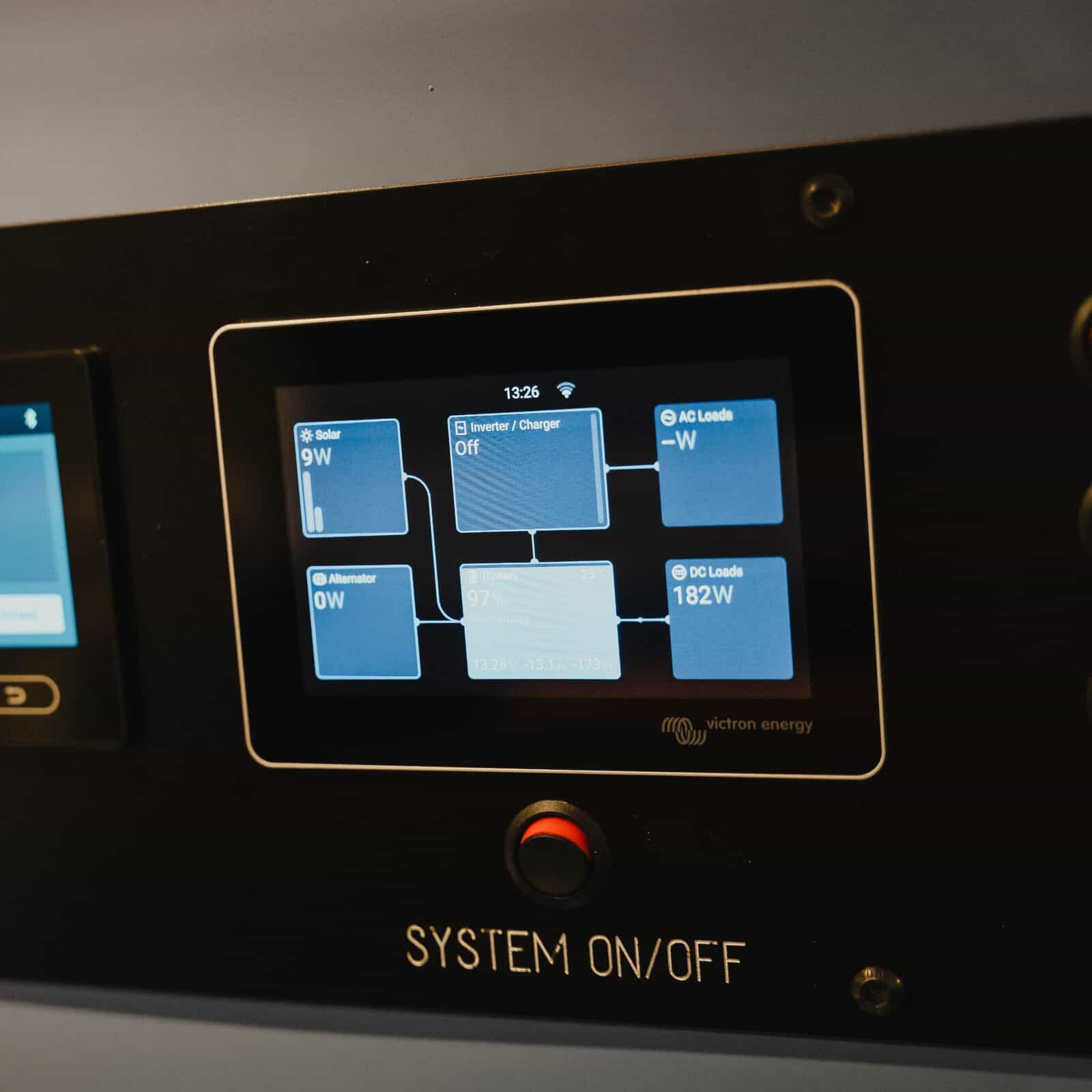 Victron touchscreen showing solar, inverter and loads in the Onyx Mesa